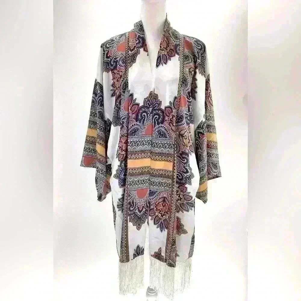 OS FASHION FUSE Women Cover Wrap Blouse Robe Gold White Pattern A64 One Size